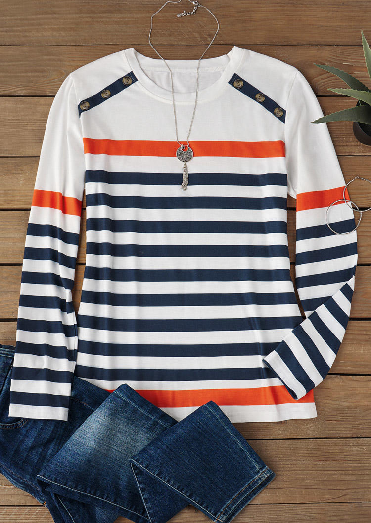 

Blouses Striped Button Long Sleeve O-Neck Blouse in Multicolor. Size