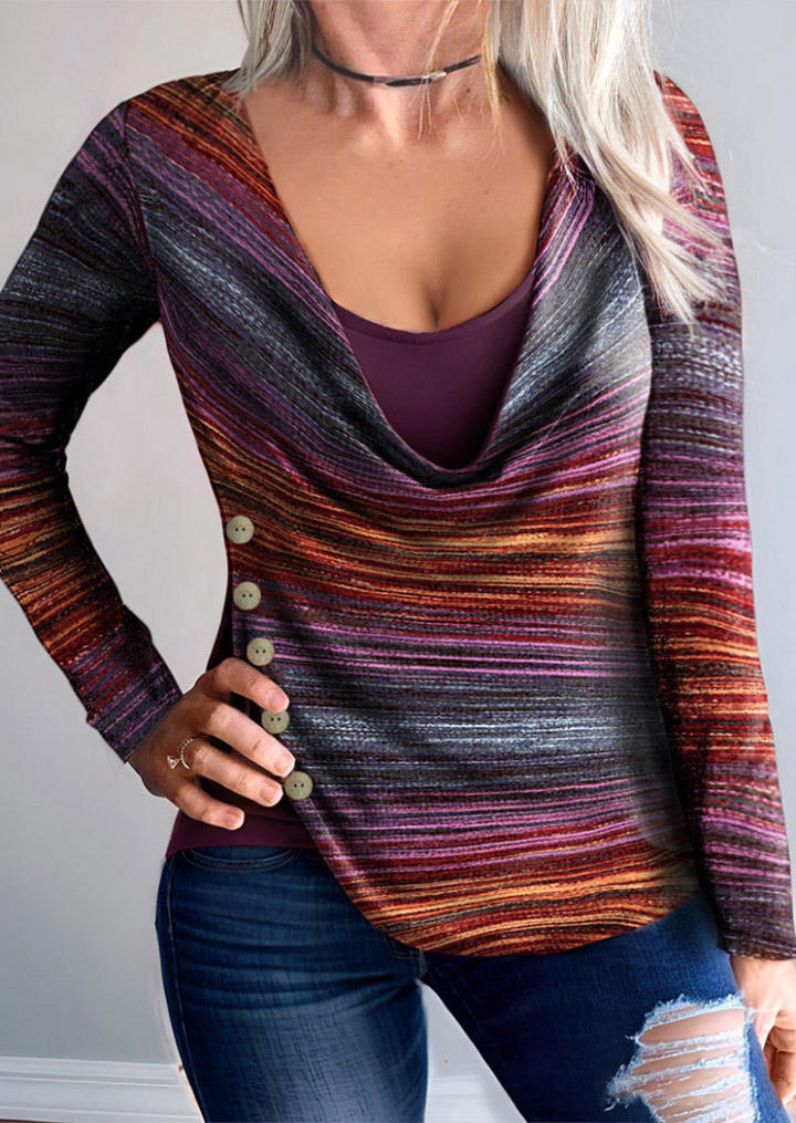 Serape Striped Button Fake Two-Piece Blouse