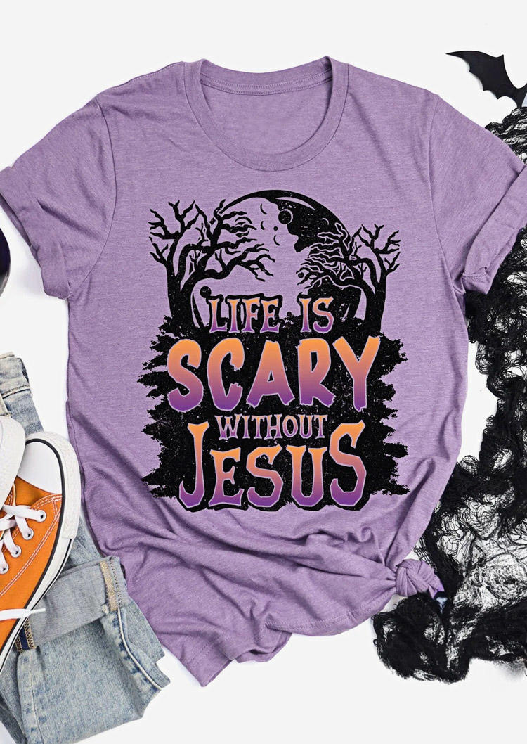 

Halloween Life Is Scary Without Jesus T-Shirt Tee Christian Halloween Costume Shirts in Purple. Size: L,M,,XL
