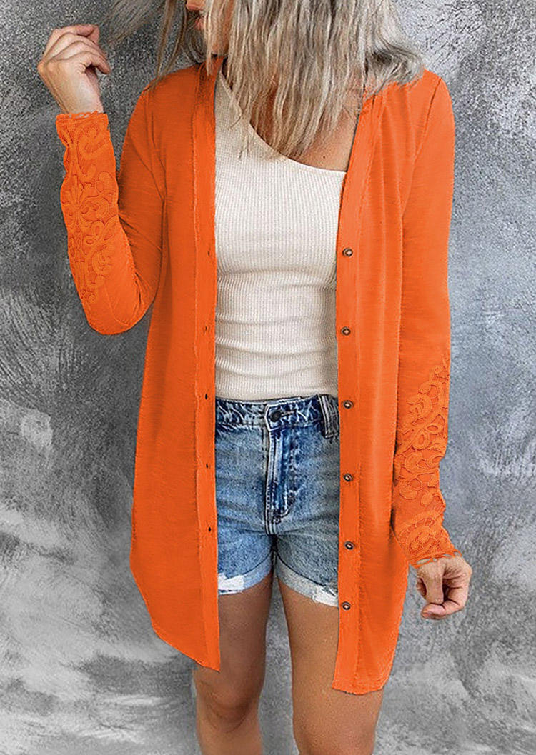 Crochet Button Lace Sleeve Cardigan - Orange
