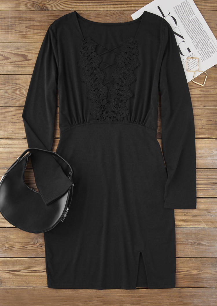 

Bodycon Dresses Lace Stitching Criss-Cross Slit Bodycon Dress in Black. Size: L,M,,XL