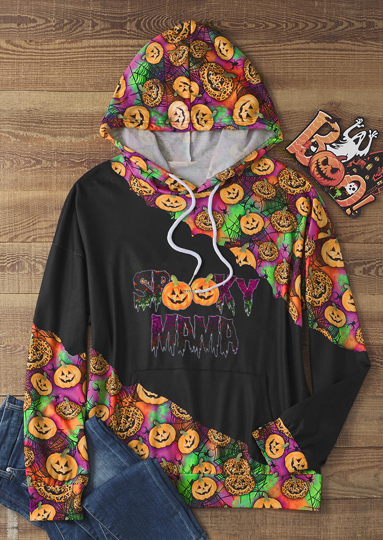 

Hoodies Halloween Spooky Mama Pumpkin Face Kangaroo Pocket Hoodie in Black. Size: L,M,,XL