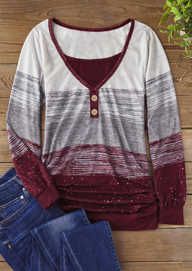

Blouses Color-Blocked Button Fake Two-Piece Blouse - Burgundy in Red. Size