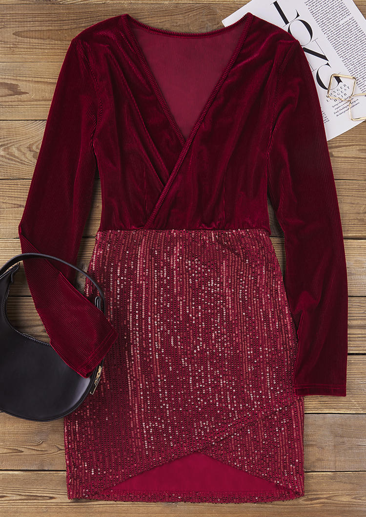 

Bodycon Dresses Ribbed Sequined Long Sleeve V-Neck Bodycon Dress - Burgundy in Red. Size: L,M,,XL