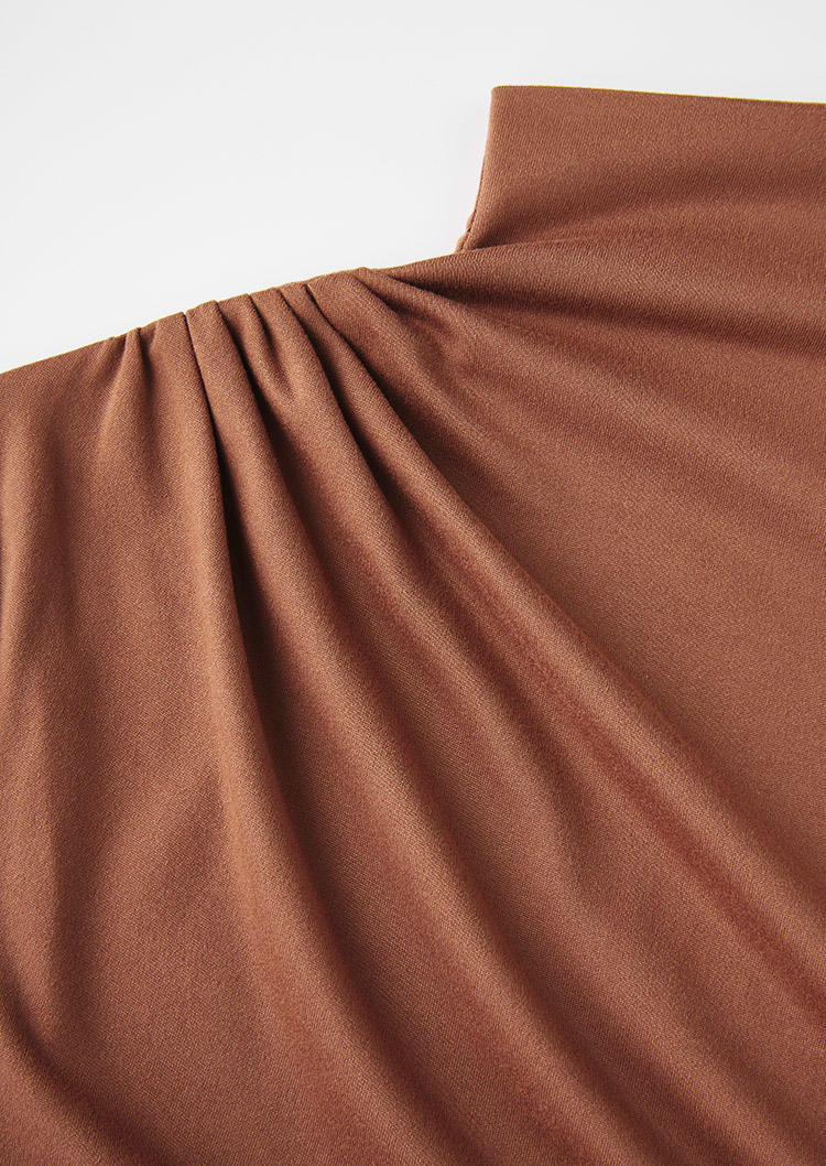 Plain Ruched Mock Neck Long Sleeve Blouse - Dark Brown