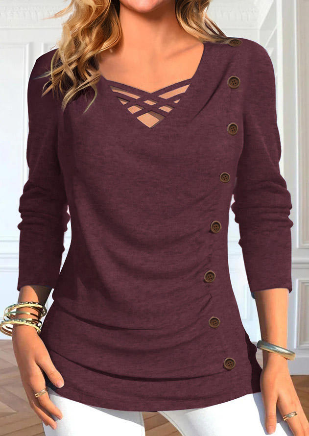 Criss-Cross Ruched Button Blouse - Burgundy