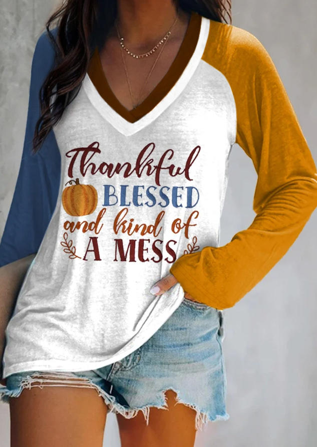 Thanksgiving Thankful Blessed & Kind Of A Mess Pumpkin T-Shirt Tee