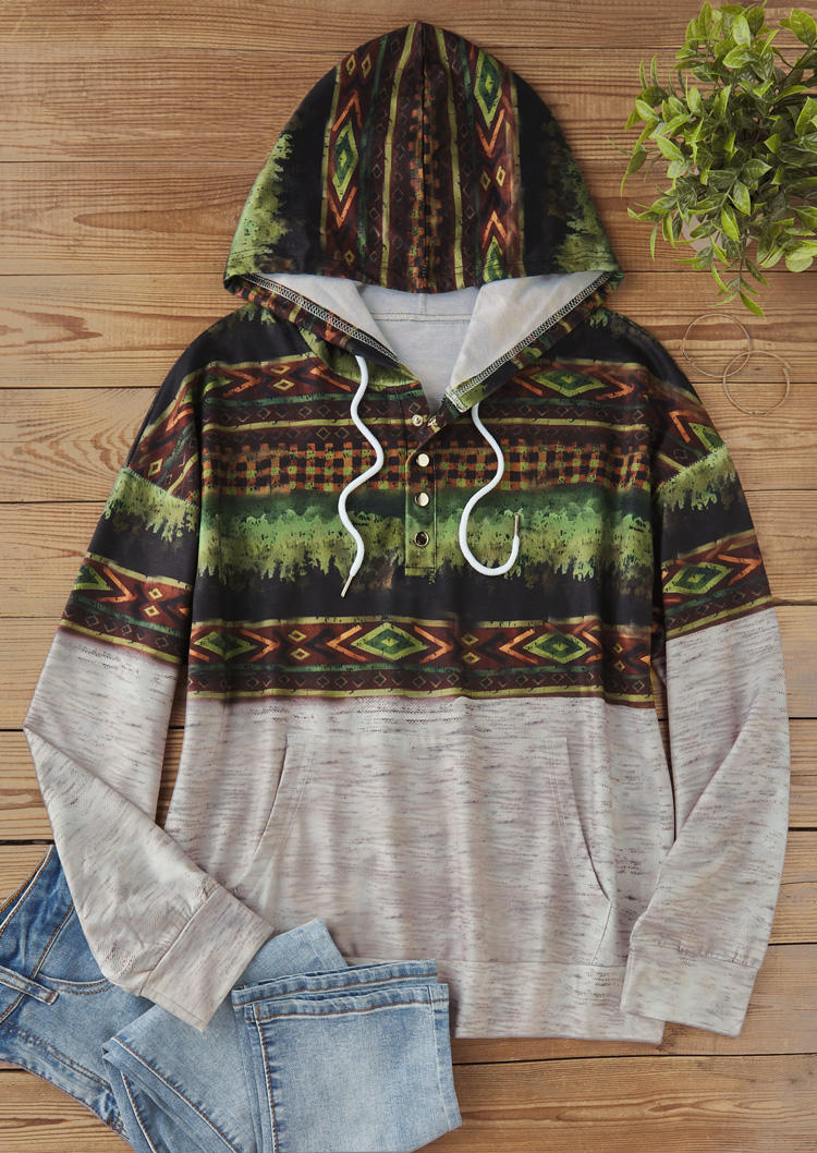 

Hoodies Aztec Geometric Plaid Snap Button Drawstring Kangaroo Pocket Hoodie in Multicolor. Size