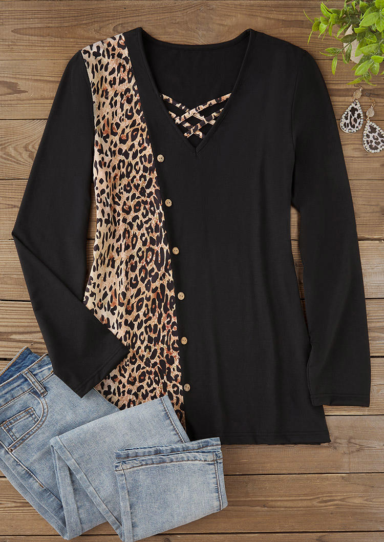 

Blouses Leopard Color-Blocked Criss-Cross Button Blouse in Multicolor. Size: M