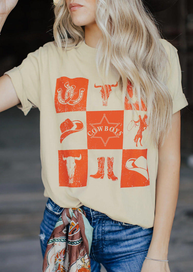 Cowboys Checkered Western O-Neck T-Shirt Tee - Light Yellow