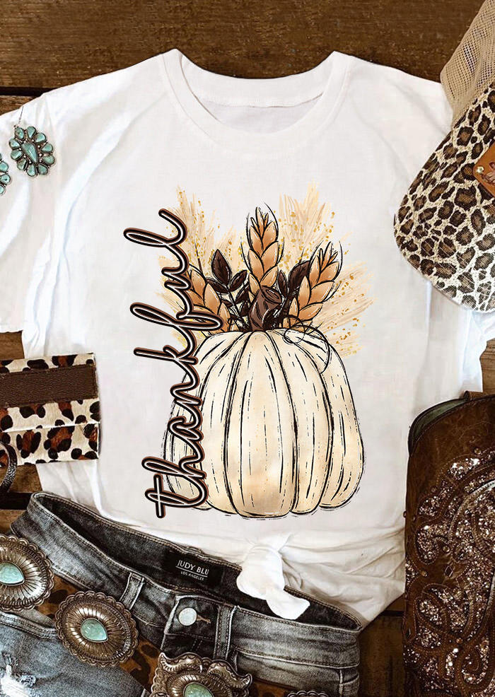 

T-shirts Tees Thanksgiving Thankful Pumpkin Wheat T-Shirt Tee in White. Size: L,M