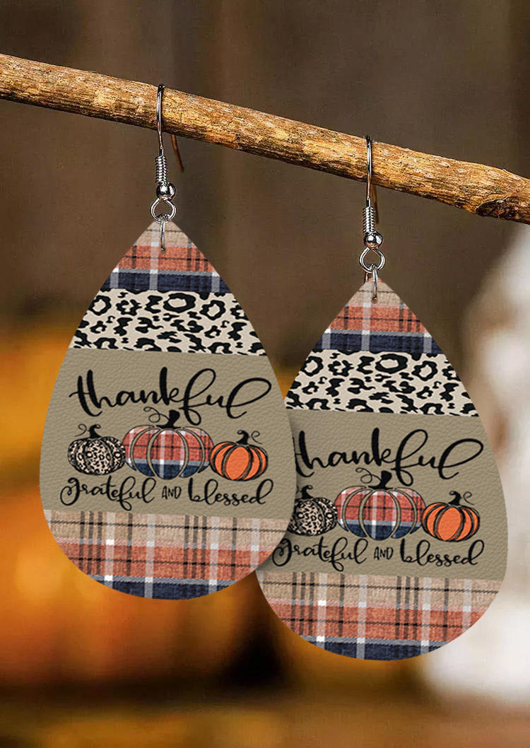 

Earrings Thanksgiving Thankful Grateful And Blessed Leopard Plaid Pumpkin Earrings in Multicolor. Size