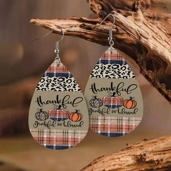 Thanksgiving Thankful Grateful And Blessed Leopard Plaid Pumpkin Earrings