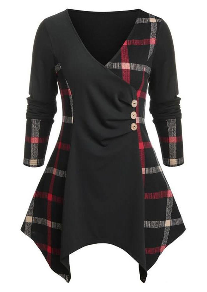 

Blouses Plaid Wrap Button Asymmetric Hem Blouse in Multicolor. Size: L,M,,XL
