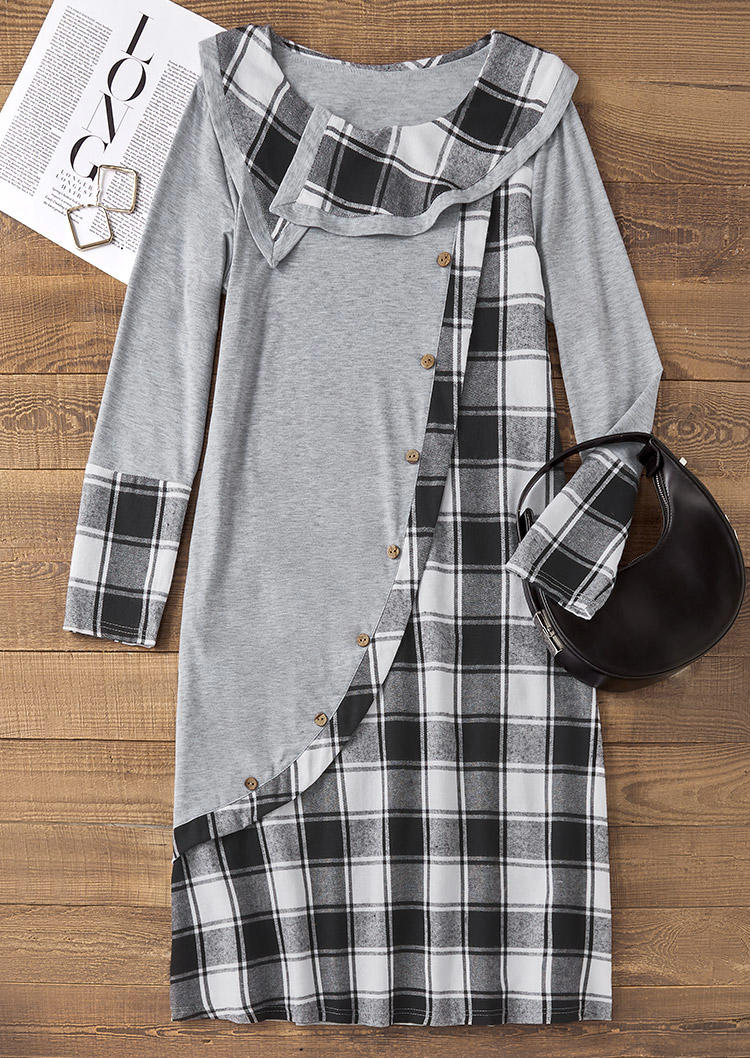 

Midi Dresses Plaid Button Pocket Long Sleeve Midi Dress in Gray. Size: L,M