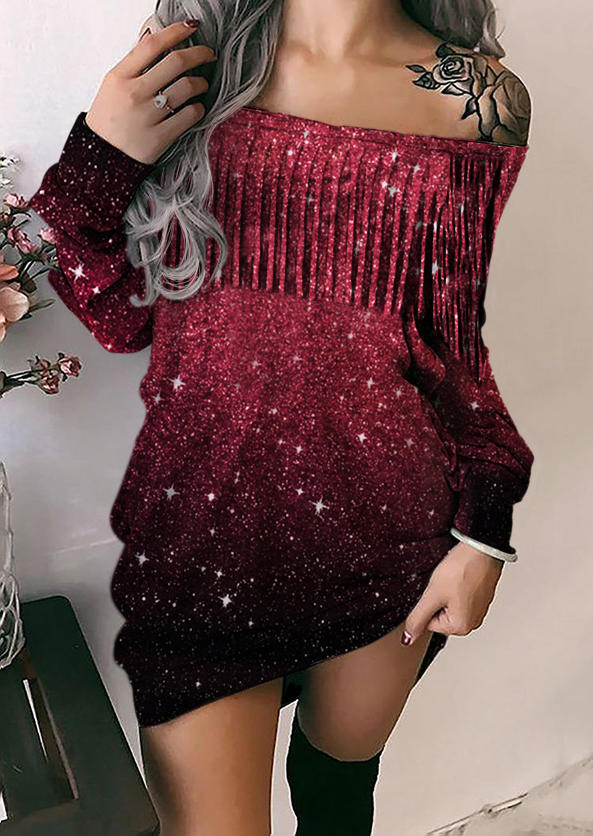 Gradient Glitter Tassel Off Shoulder Sweatshirt Dress