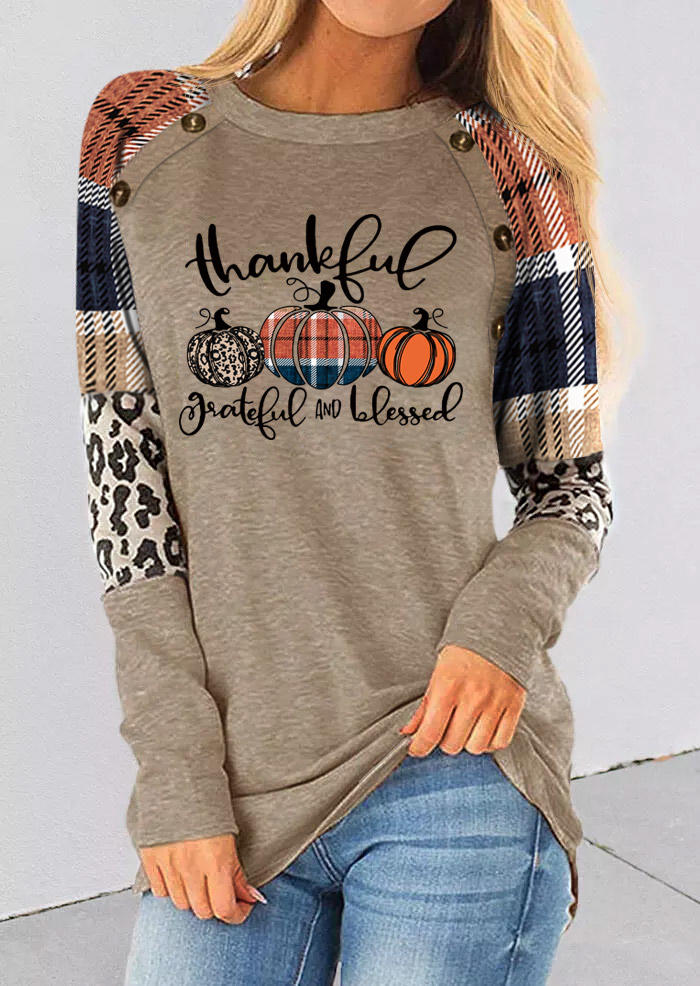 Thanksgiving Thankful Grateful And Blessed Leopard Plaid Pumpkin Blouse