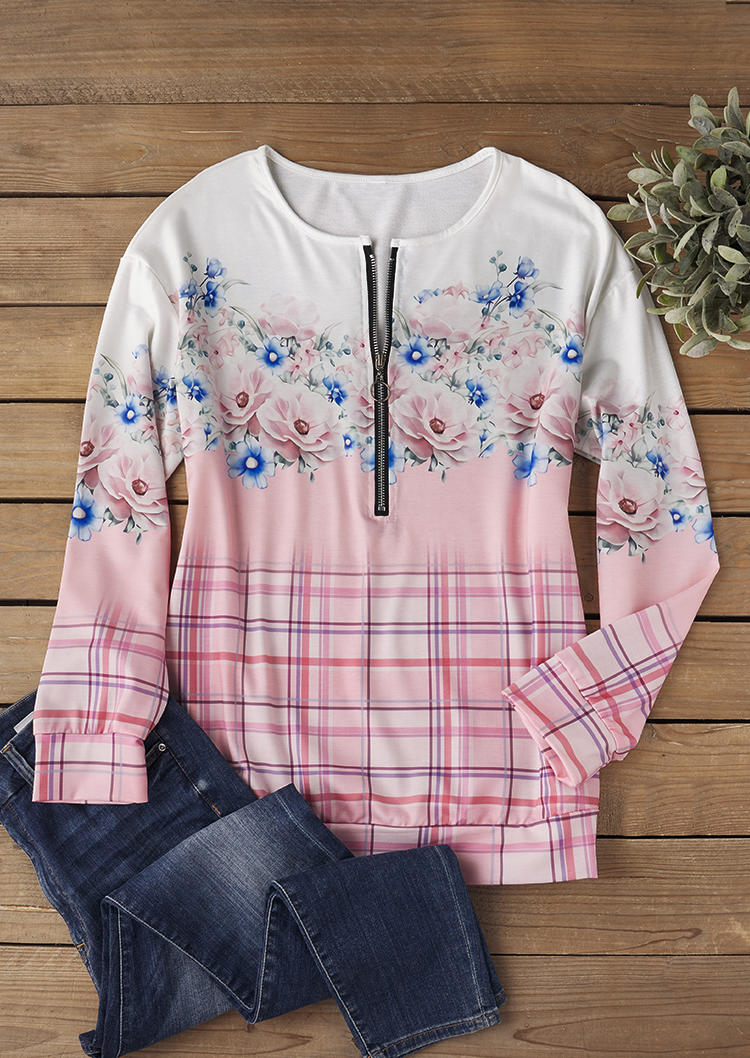 

Sweatshirts Floral Plaid Zipper Collar Sweatshirt in Multicolor. Size: M,,XL