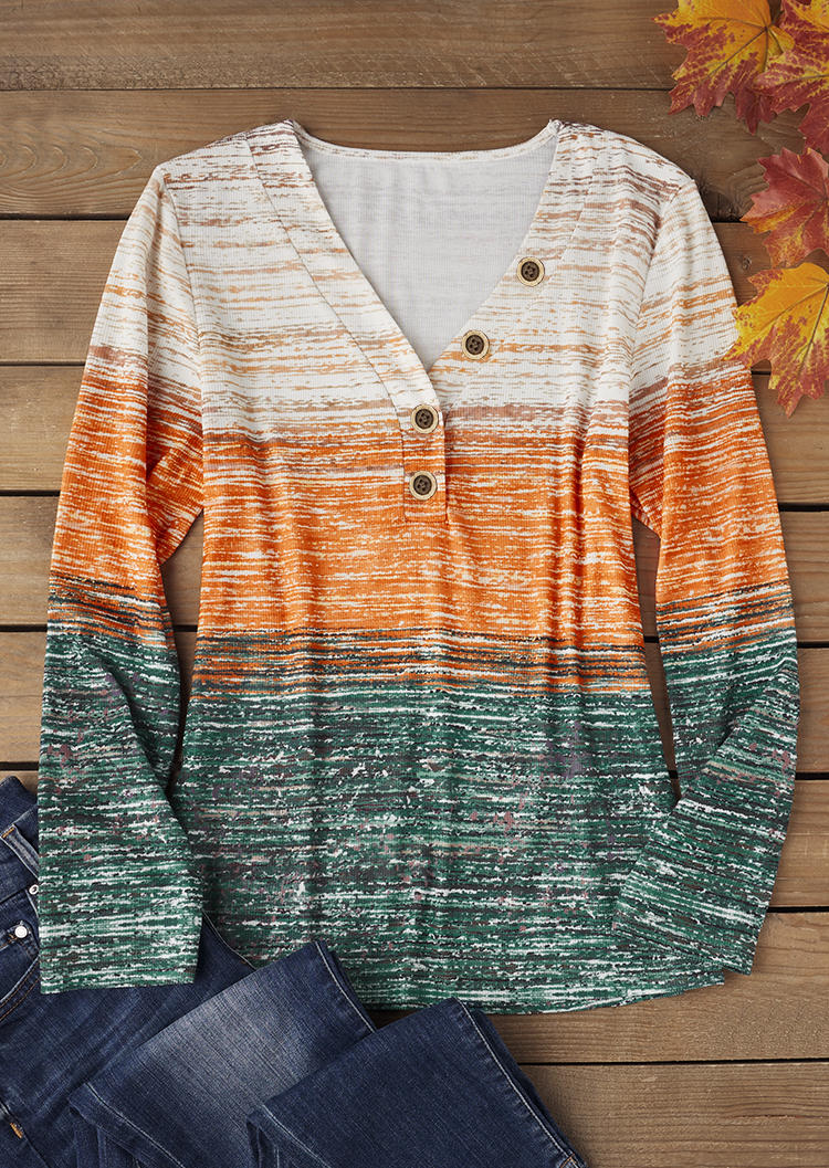 

Blouses Color-Blocked Gradient Button V-Neck Blouse in Multicolor. Size: L
