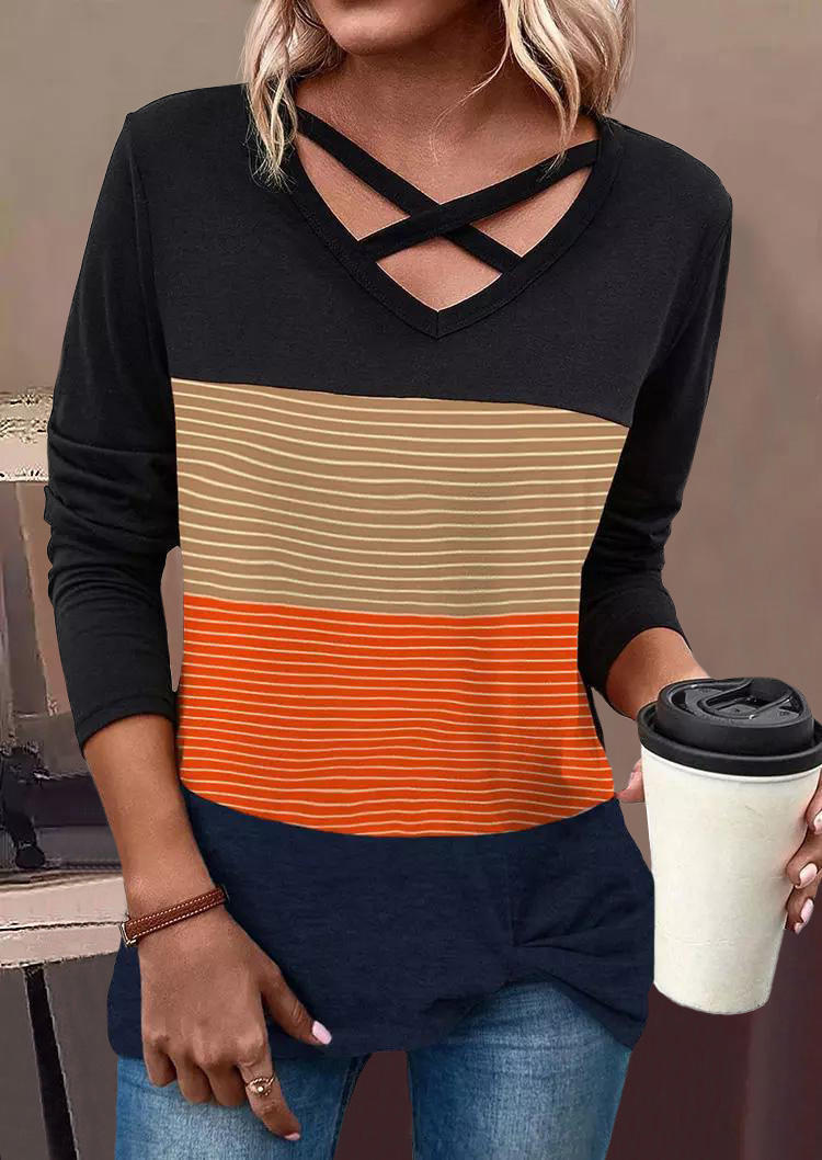 Striped Color-Blocked Criss-Cross Twist Hem Blouse