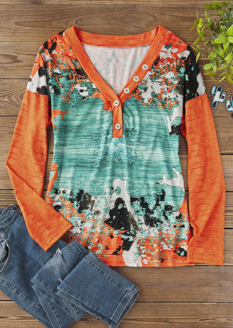 

Blouses Cow Button Western Long Sleeve V-Neck Blouse in Multicolor. Size