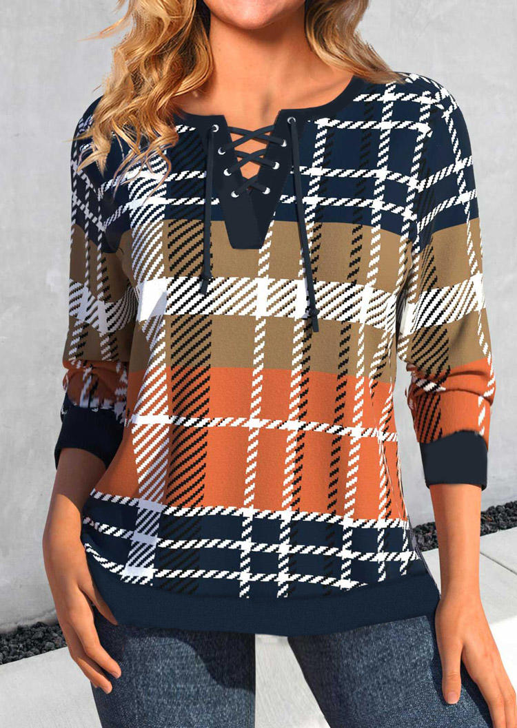 

Sweatshirts Classic British Plaid Color-Blocked Lace Up Sweatshirt in Multicolor. Size: L,M,,XL