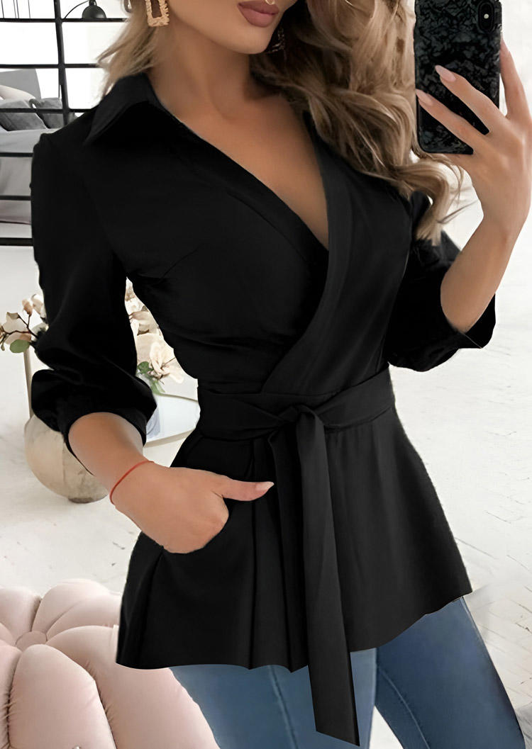 

Blouses Plain Wrap Pocket V-Neck Blouse with Belt in Black. Size: M