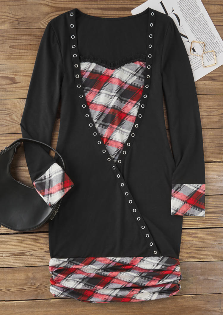 

Mini Dresses Plaid Lace Stitching Eyelet Mini Dress in Multicolor. Size: L,M,,XL