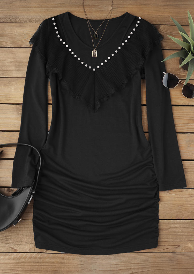 

Bodycon Dresses Lace Stitching Hollow Out Ruched Pearls Bodycon Dress in Black. Size: L,M,,XL