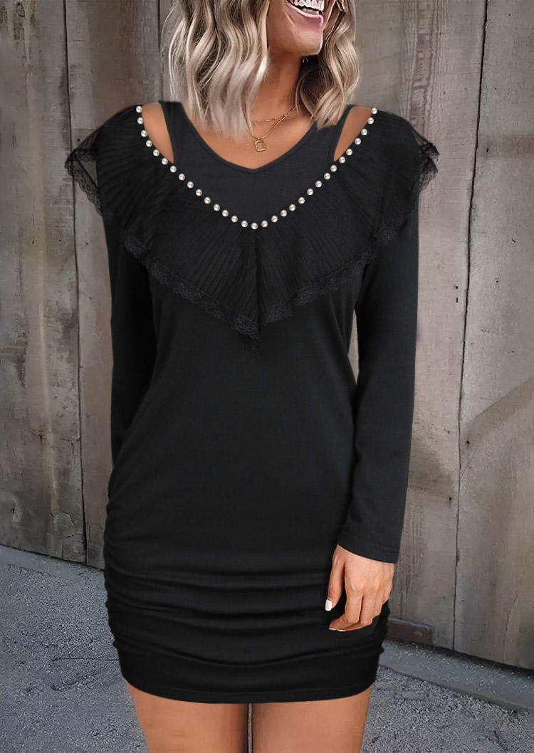 Lace Stitching Hollow Out Ruched Pearls Bodycon Dress - Black