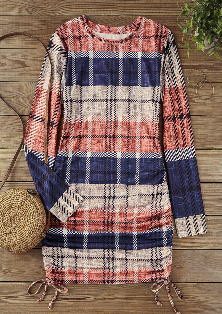 

Bodycon Dresses Classic British Plaid Color-Blocked Striped Drawstring Bodycon Dress in Multicolor. Size: ,XL