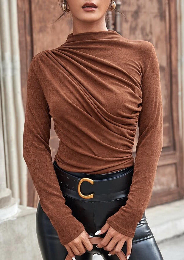 

Blouses Plain Ruched Mock Neck Long Sleeve Blouse - Dark Brown in Brown. Size: 2XL,3XL