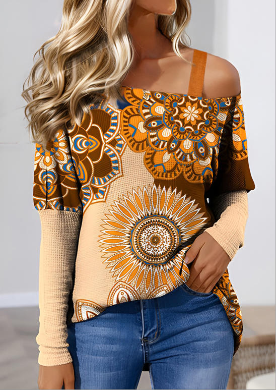 Ethnic Floral Ribbed One Sided Cold Shoulder Blouse - Apricot