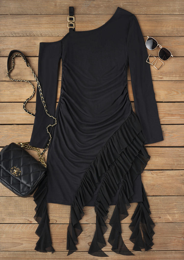 

Bodycon Dresses Ruffled Chain One Sided Cold Shoulder Bodycon Dress in Black. Size: L,M,,XL