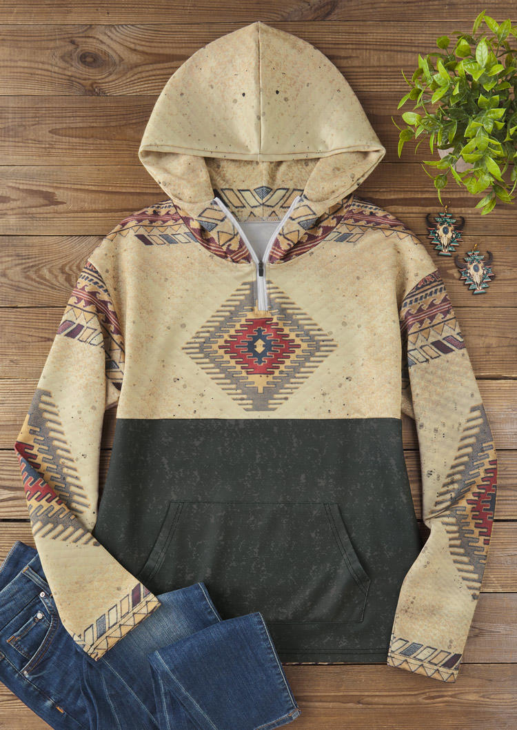 

Hoodies Aztec Geometric Half Zipper Kangaroo Pocket Hoodie in Multicolor. Size