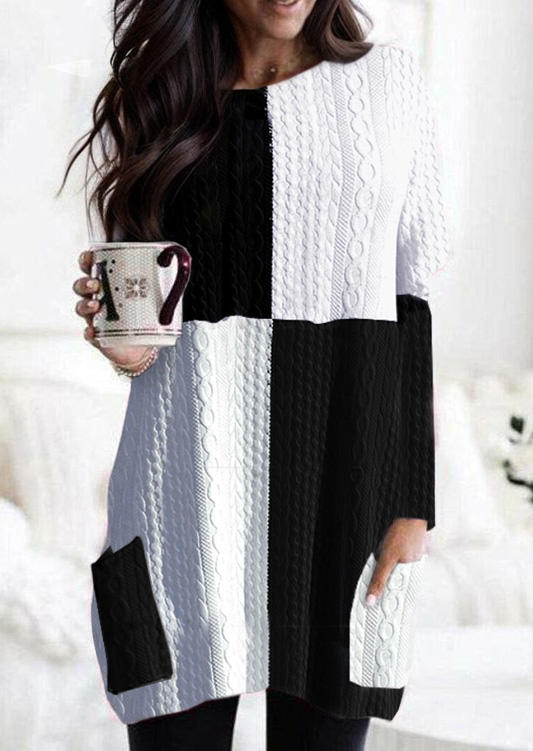 Color-Blocked Pocket Textured Long Sleeve Mini Dress