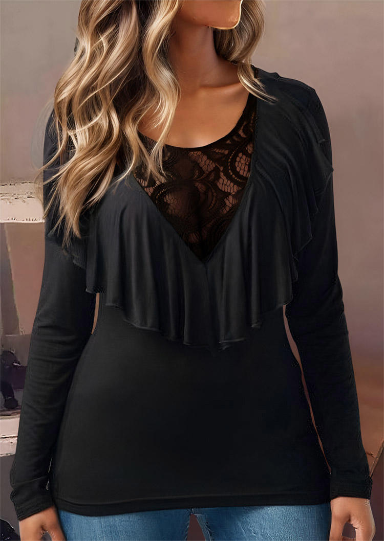 

Blouses Lace Stitching Ruffled Layered Blouse in Black. Size: L,M,,XL