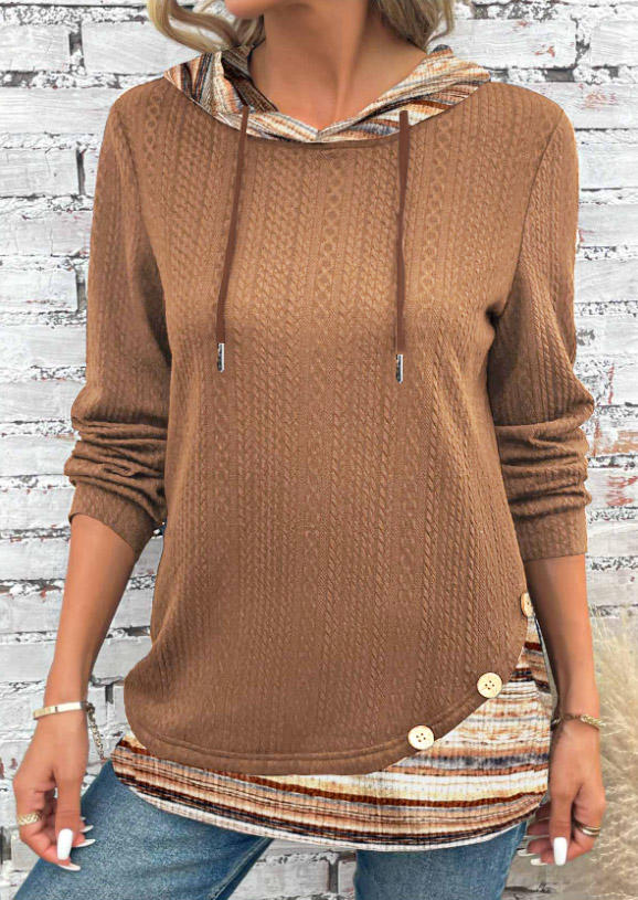 

Hoodies Striped Textured Drawstring Hoodie in Brown. Size: L,M,,XL