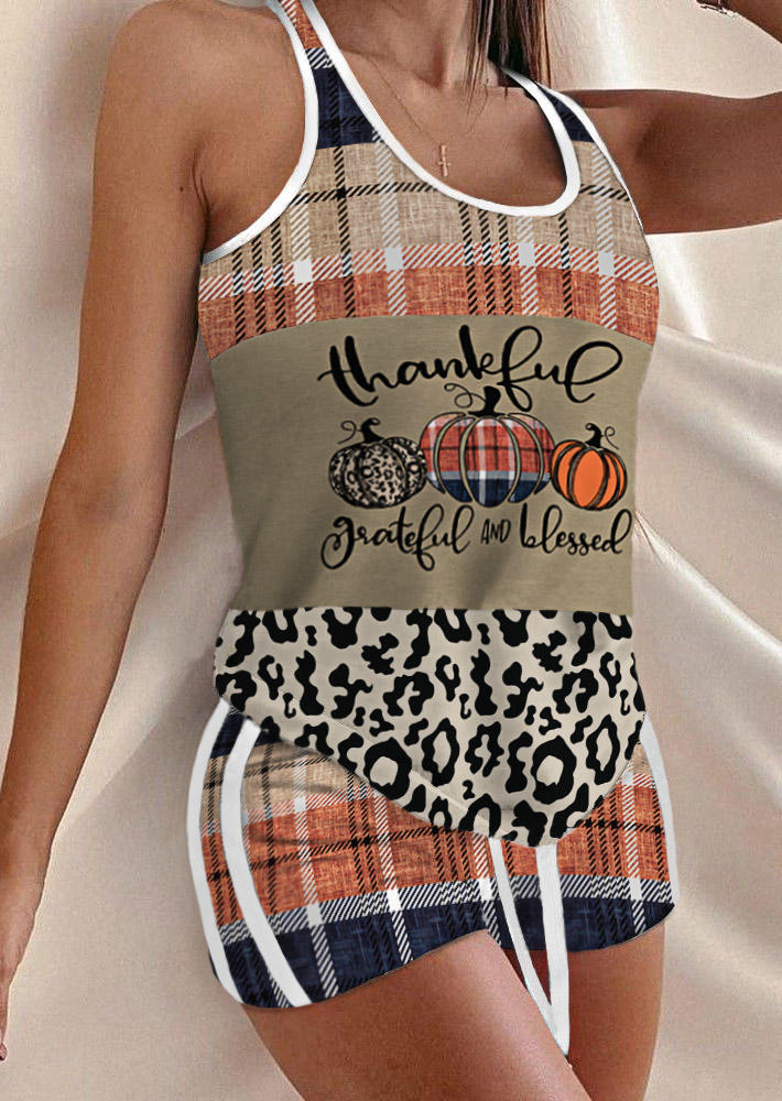 

Sleepwear Thanksgiving Thankful Grateful And Blessed Leopard Plaid Pumpkin Pajamas Set in Multicolor. Size: L,M,,XL