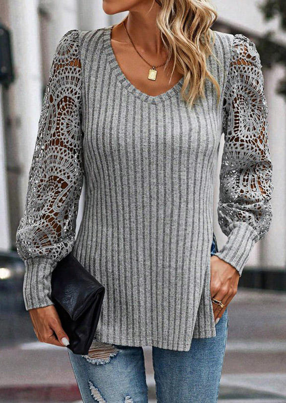 

Blouses Ribbed Stitching Lace Slit Loose Blouse in Gray. Size: L,M,,XL