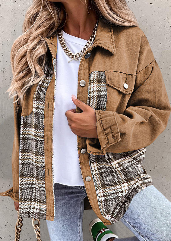 Plaid Button Pocket Turn-Down Collar Coat - Khaki
