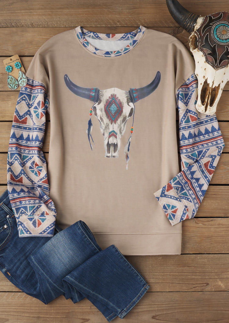 

Sweatshirts Aztec Geometric Steer Skull Sweatshirt in Khaki. Size