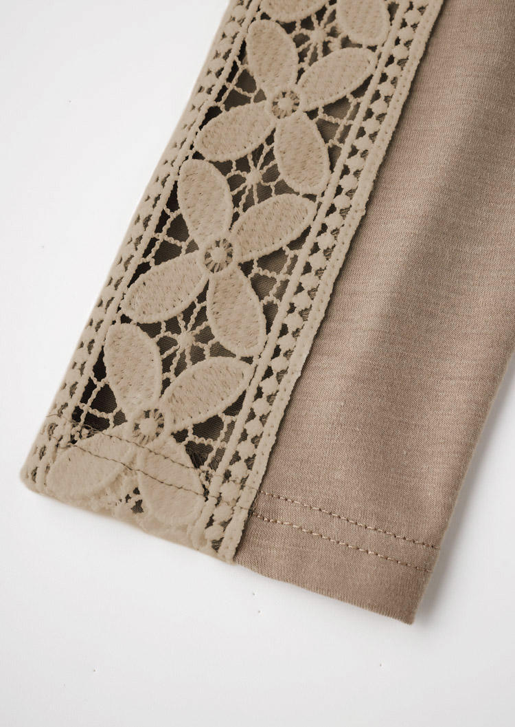 Lace Stitching Criss-Cross Long Sleeve Blouse - Khaki