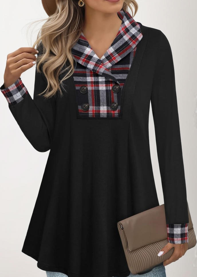 

Blouses Plaid Button Ruffled Turn-Down Collar Blouse in Black. Size: L,M,,XL