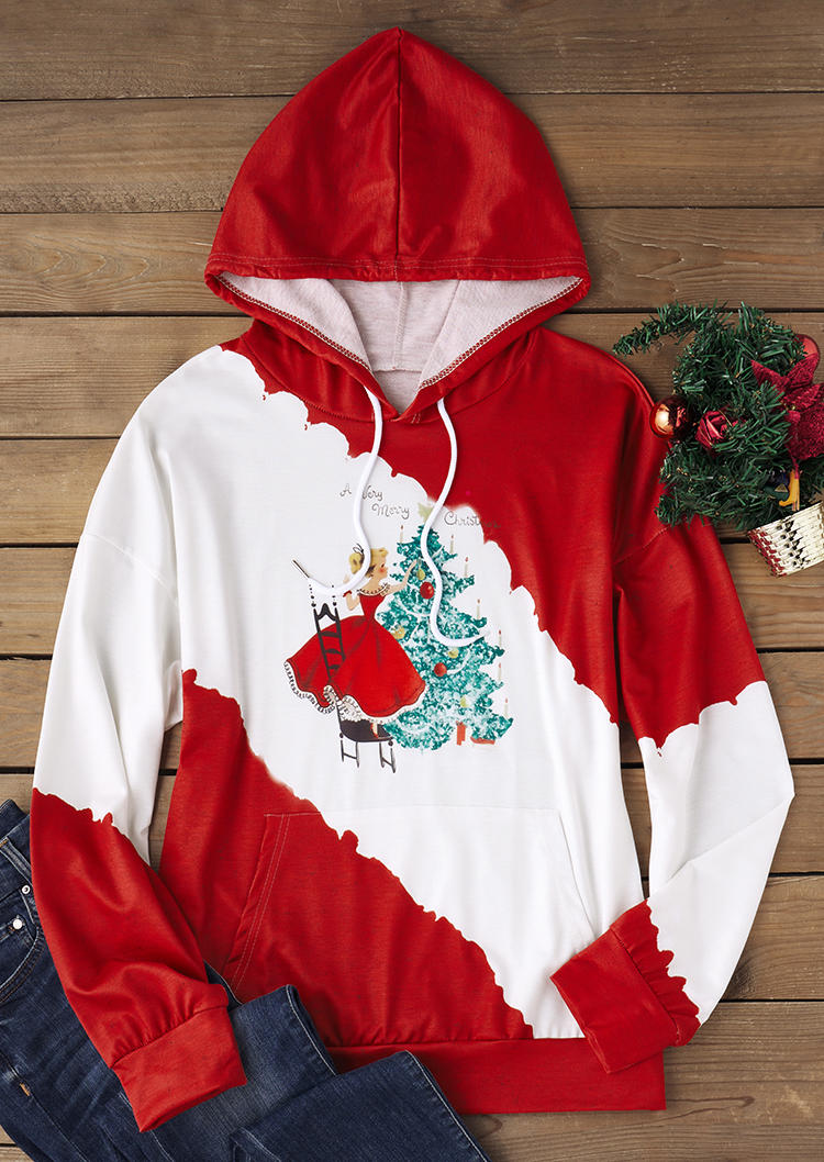 

Hoodies Christmas Tree Color-Blocked Hoodie in Red. Size: L,M