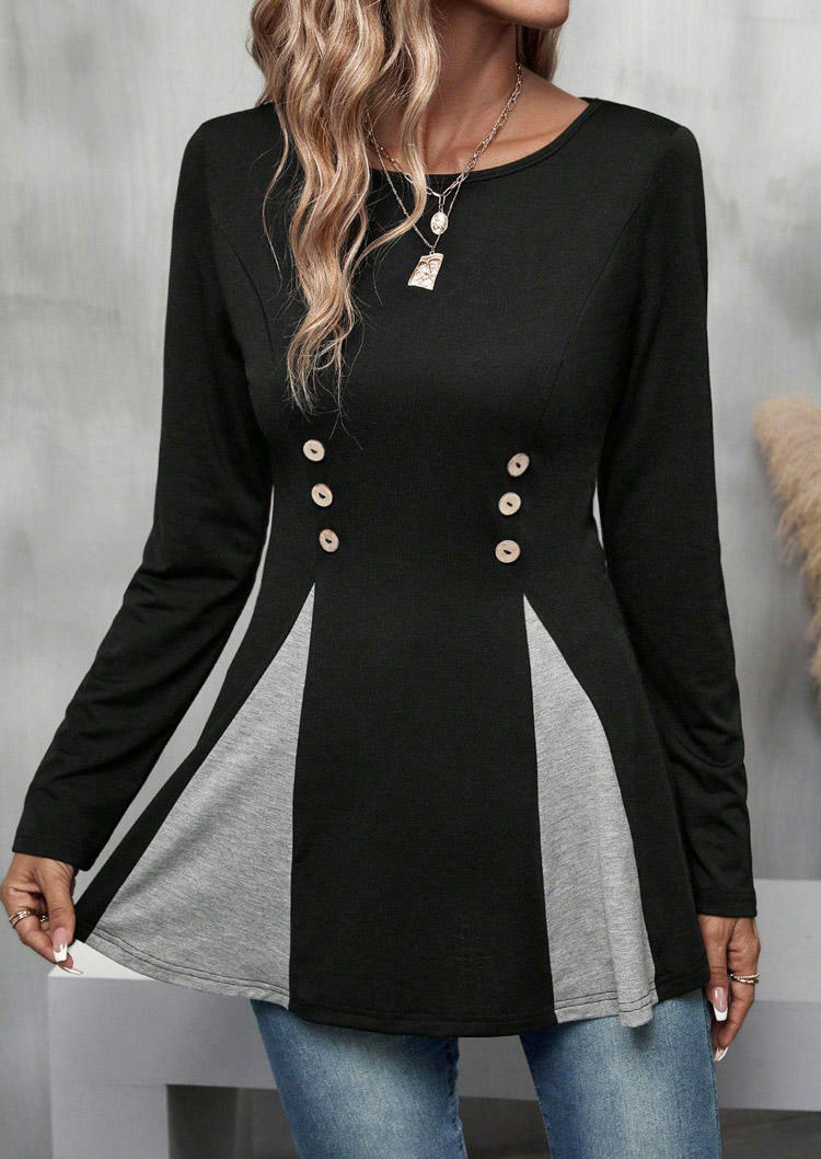 

Blouses Color-Blocked Button Long Sleeve O-Neck Blouse in Black. Size: L,M,,XL