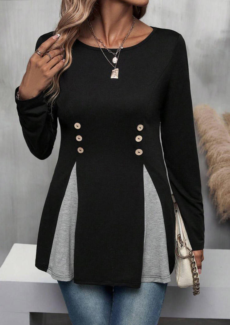 Color-Blocked Button Long Sleeve O-Neck Blouse - Black