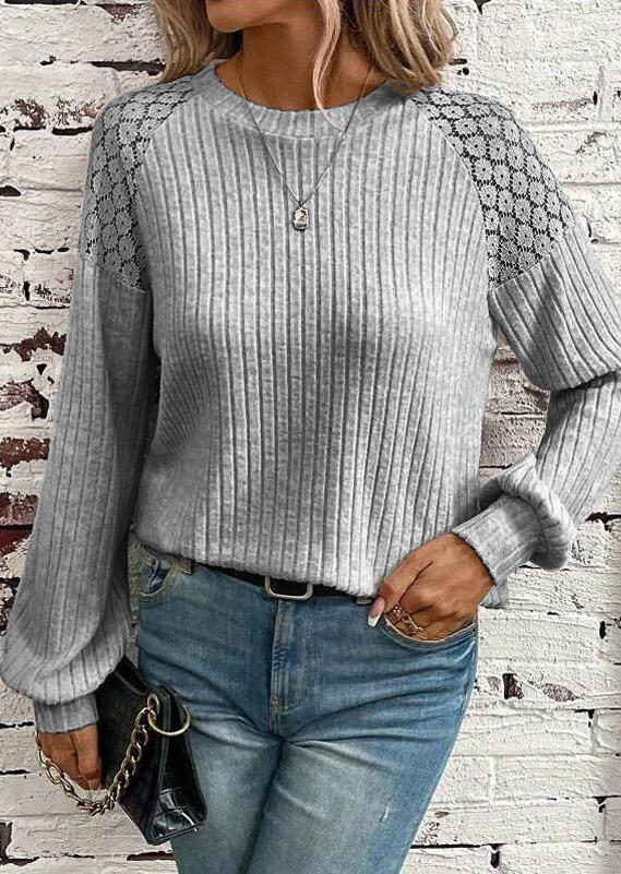 

Blouses Lace Stitching Ribbed O-Neck Blouse in Gray. Size: L