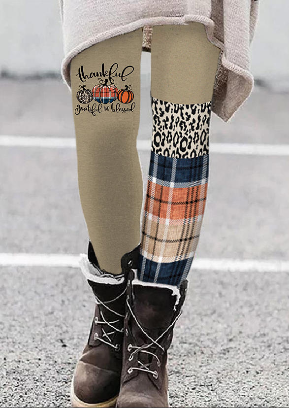 

Leggings Thanksgiving Thankful Grateful And Blessed Leopard Plaid Pumpkin Leggings in Multicolor. Size: L,M,,XL