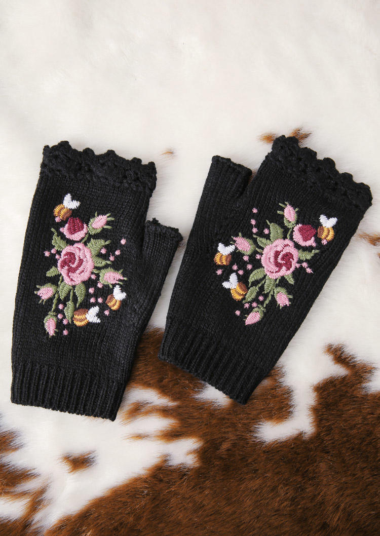 

Gloves Warm Floral Fingerless Knitted Gloves - Beige in Black. Size